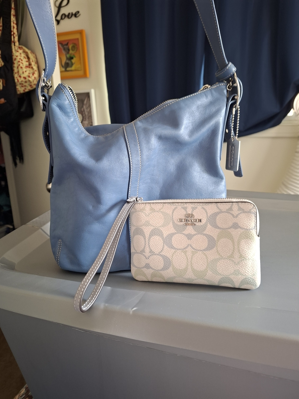 Coach Sky Blue Leather Shoulder Bag with Signature Pastel Wristlet